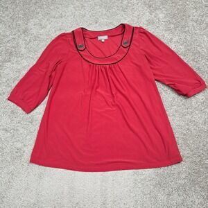 Essentials Red 3/4 Sleeve Blouse Round Neck Button Accent Top Plus Size 18/20